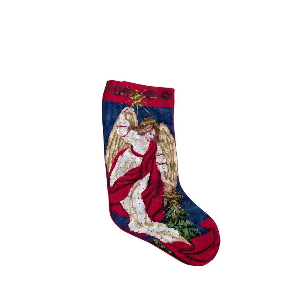 Needlepoint Beaded Herald Angel‎ & Star Christmas Stocking with Gold Beads 19